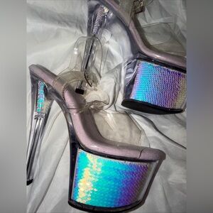 Pleaser Iridescent Sequin Platform Heels with Clear Straps - Lavender